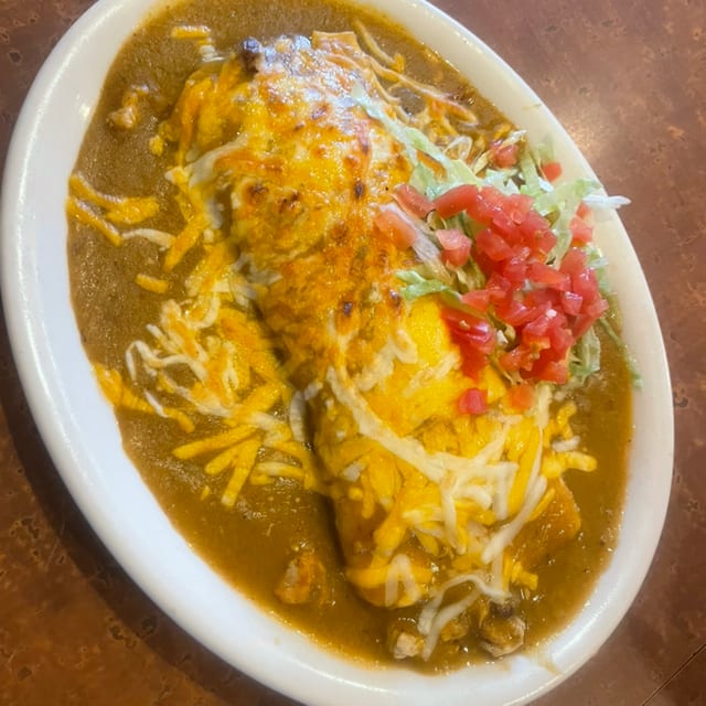 Picadillo/bean Burrito Smothered.